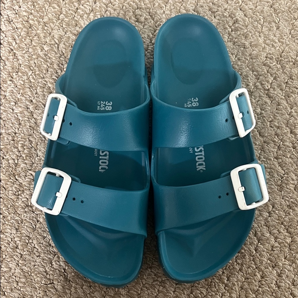Birkenstock Aqua Blue Sandals with White Buckles